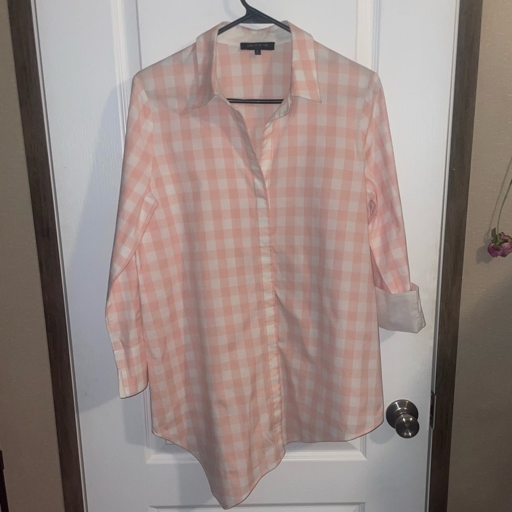 Lafayette 148 Peach And White Gingham Button Up Asymmetrical Hem Size Small